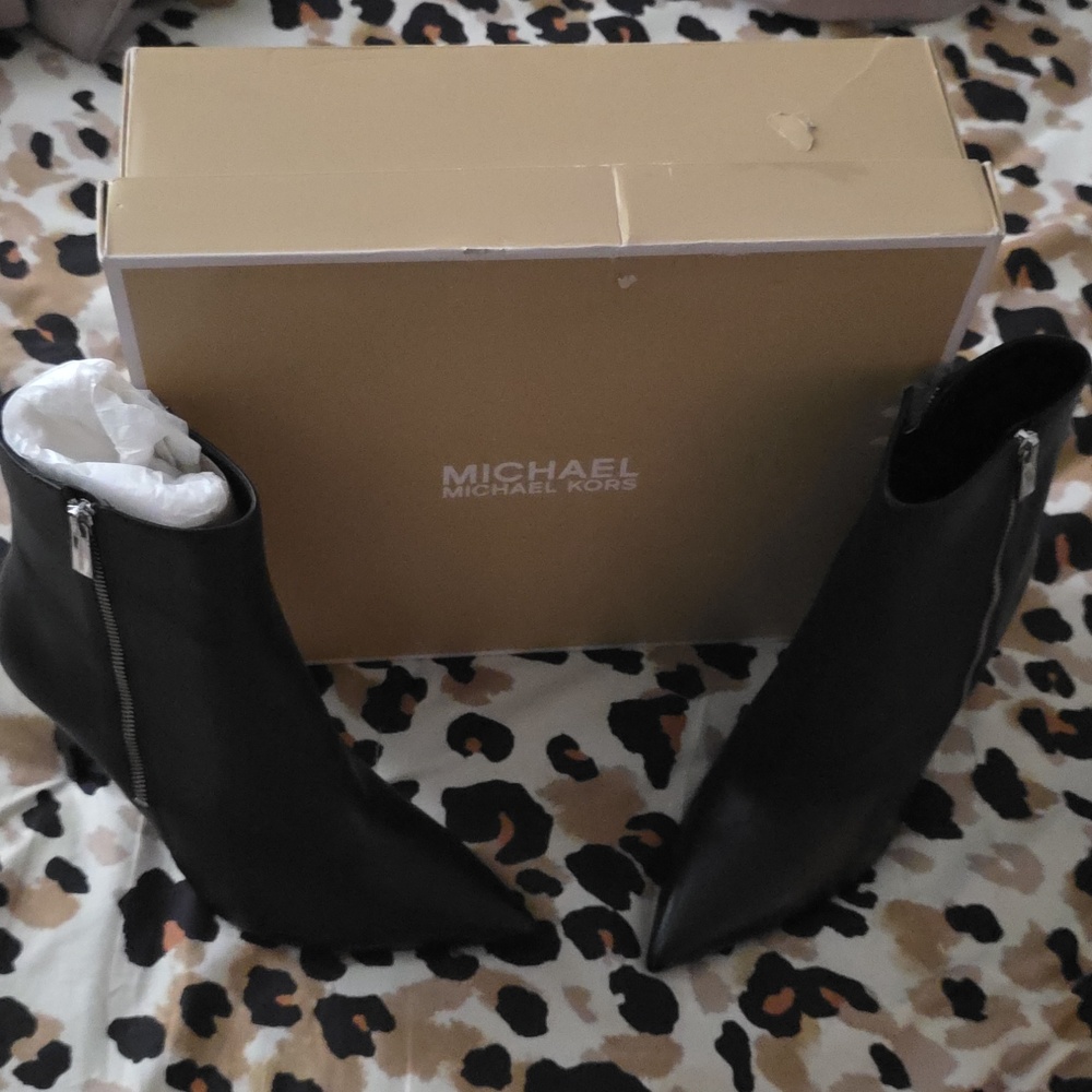 Michael Kors Black Leather Stiletto Ankle Boots with Silver Zipper